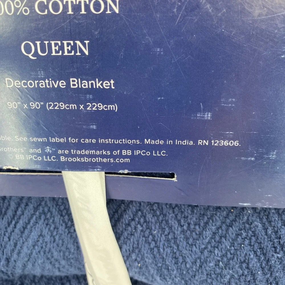 Brooks Brothers Blanket QUEEN Navy Blue 100% Cotton Herringbone Preppy Textured